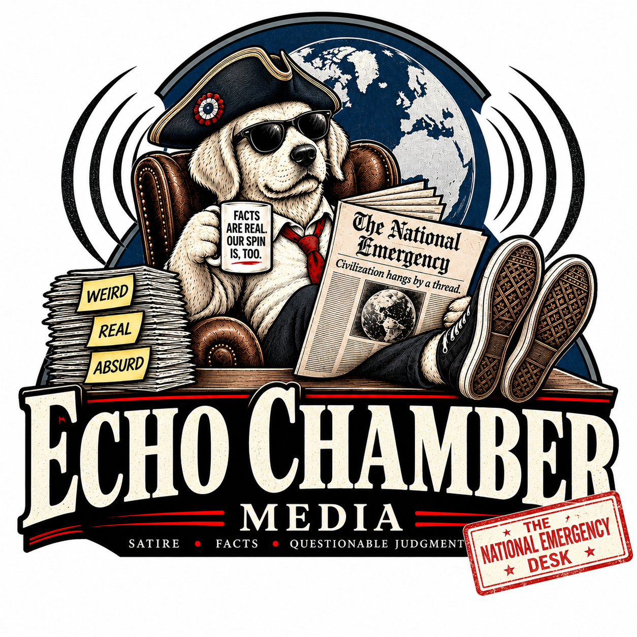 Echo Chamber Media logo with dog reading The National Emergency